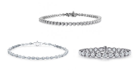 three diamond tennis bracelets in white gold featuring different sized diamonds