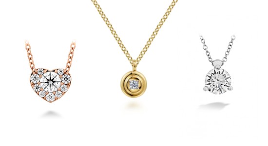 three diamond pendant necklaces all in different metals