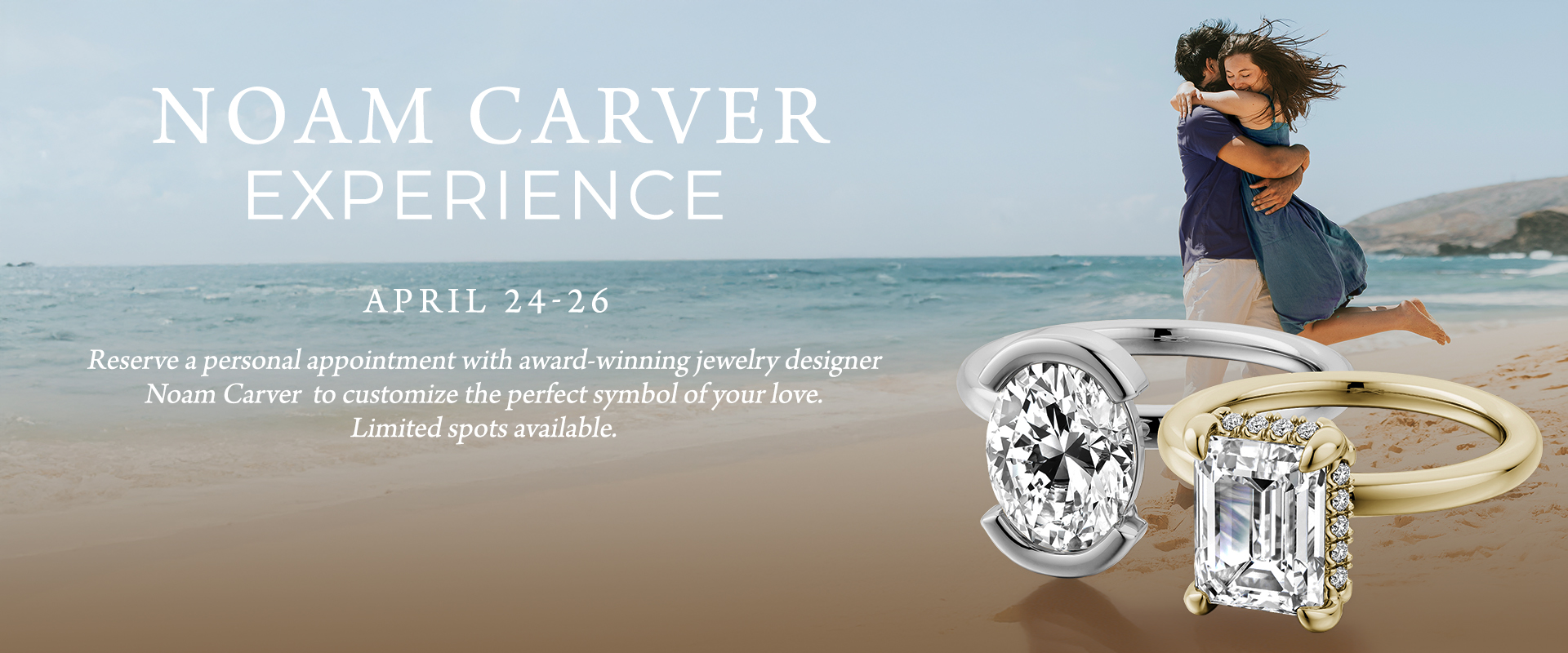 Noam Carver Experience banner featuring a happy couple on the beach with bridal jewelry