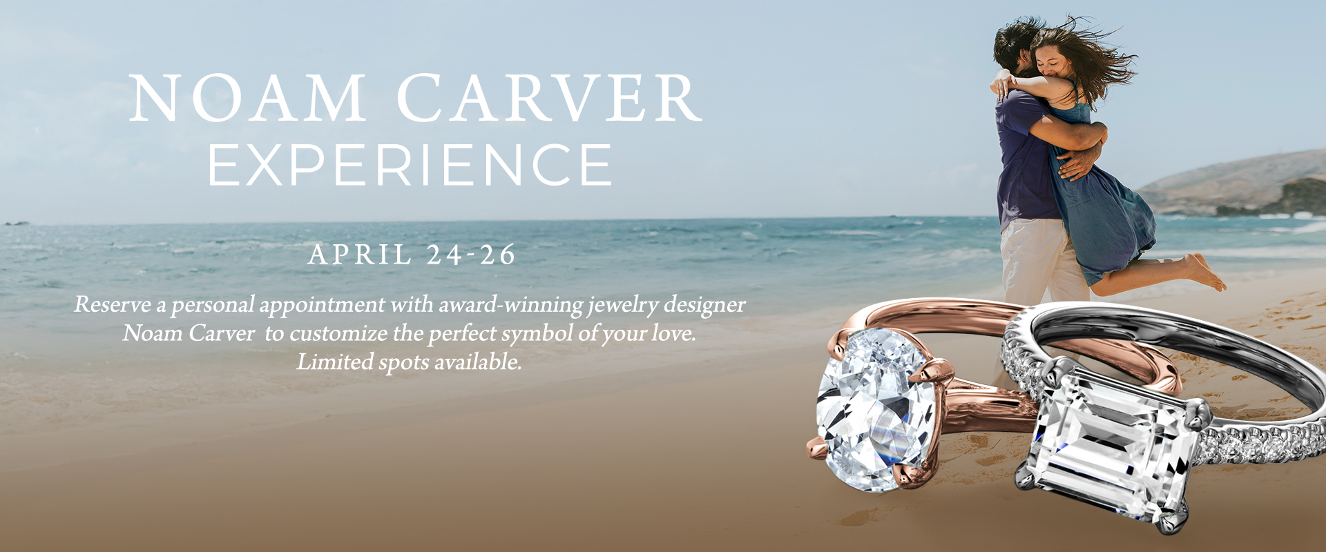 Noam Carver Experience banner featuring a happy couple on the beach with bridal jewelry