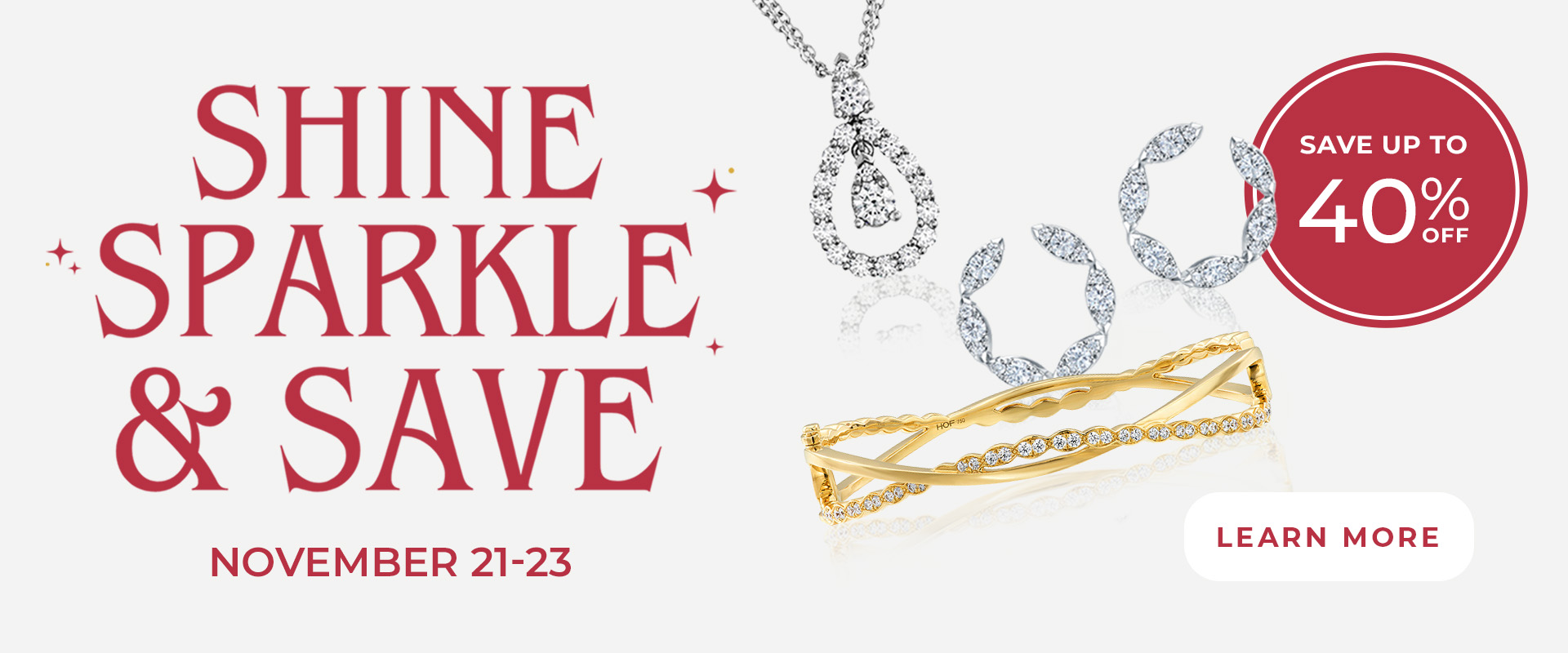 Shine, Sparkle, & Save event banner featuring various WeddingRingShop fine jewelry; event runs from November 21-23