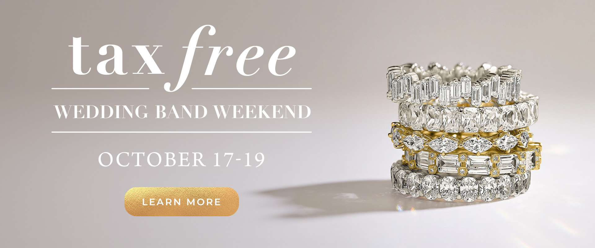 Tax Free Wedding Band Weekend banner featuring wedding bands