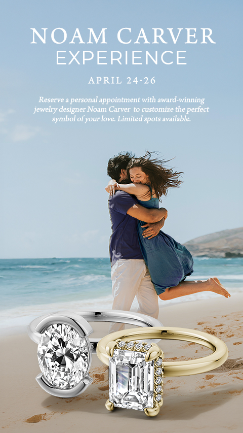 Noam Carver Experience banner featuring a happy couple on the beach with bridal jewelry