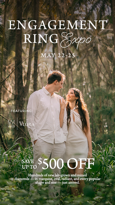 Engagement Ring Expo banner, running May 22-25, featuring Michael M and Vlora