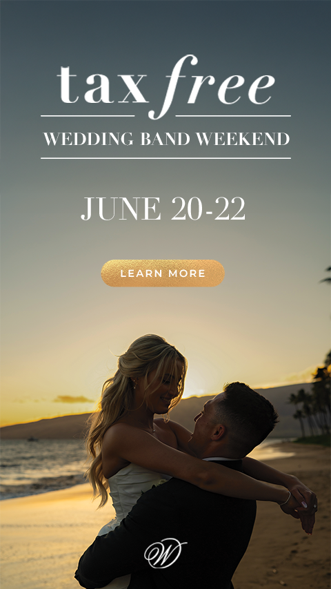 Tax-Free Wedding Band Weekend, June 20-22 Banner for Tax-Free Wedding Band Weekend June 20-22, featuring a groom and bride on the beachfront