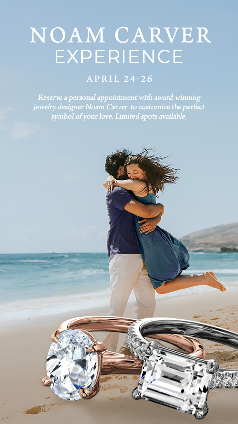 Noam Carver Experience banner featuring a happy couple on the beach with bridal jewelry