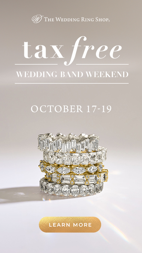 Tax Free Wedding Band Weekend banner featuring wedding bands
