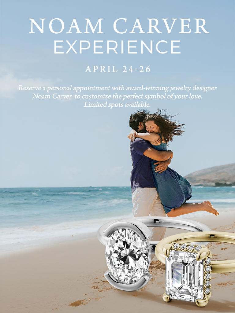 Noam Carver Experience banner featuring a happy couple on the beach with bridal jewelry
