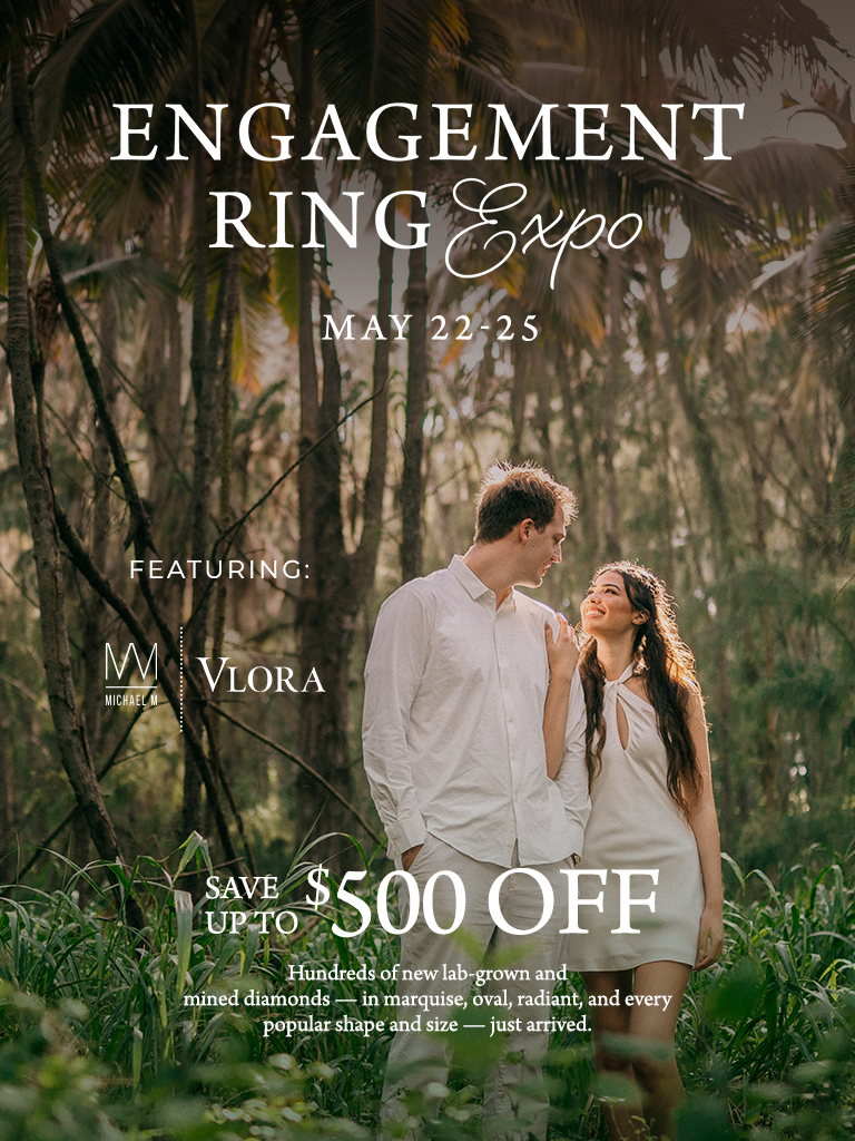 Engagement Ring Expo banner, running May 22-25, featuring Michael M and Vlora
