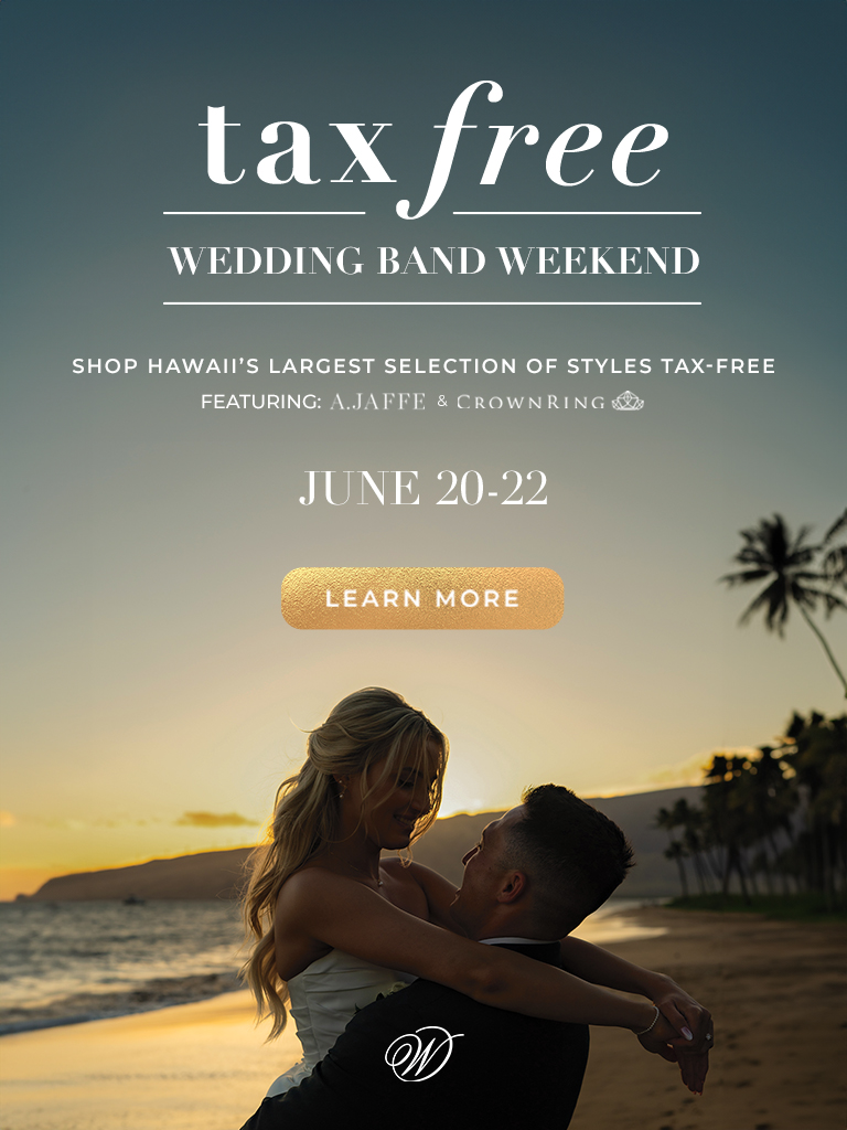 Tax-Free Wedding Band Weekend, June 20-22 Banner for Tax-Free Wedding Band Weekend June 20-22, featuring a groom and bride on the beachfront