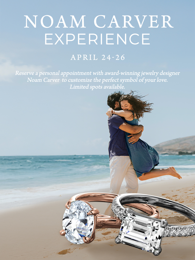 Noam Carver Experience banner featuring a happy couple on the beach with bridal jewelry