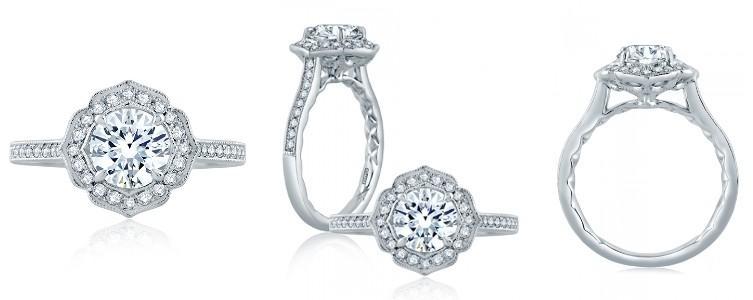 Vintage details like the milgrain beading and securely set diamonds in this A.JAFFE engagement ring will be ideal for