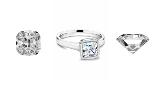 a cushion cut engagement ring flanked by two views of the same cushion cut diamond