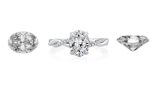 an oval cut engagement ring flanked by two views of the same oval cut diamond